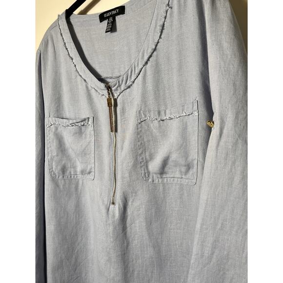 Ellen Tracy Linen Top‎ XL Blue Zip Neck Roll Tab Sleeve 100% Linen Tunic Blouse - Picture 2 of 13